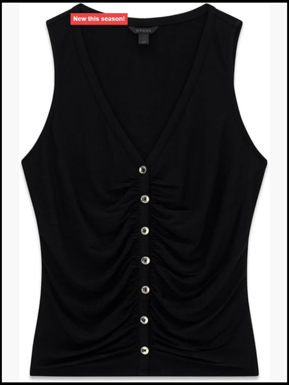 Sleeveless Shirred Knit V-Neck Top with Buttons